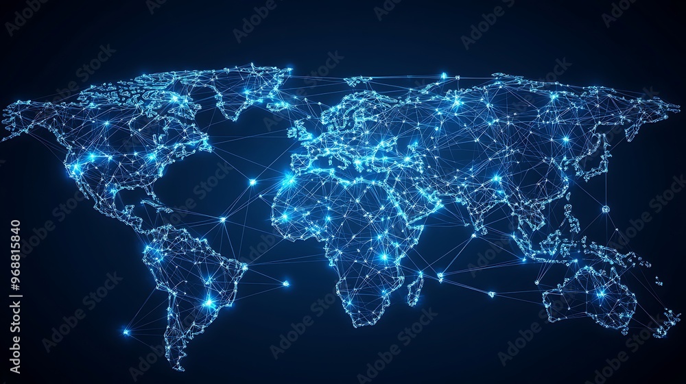 Poster a digital world map with glowing points and lines