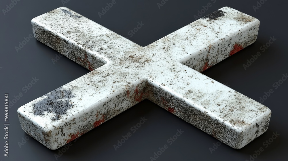Poster a worn and textured cross shape, showcasing a weathered appearance with hints of rust and a gritty s