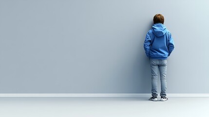 A young boy stands alone against a plain wall, dressed in a blue hoodie, reflecting a sense of contemplation and solitude.
