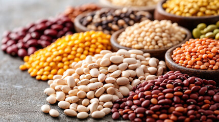 Obraz premium A variety of beans and other legumes are spread out on a table. The beans are of different colors and sizes, creating a visually appealing and diverse display. Concept of abundance and variety