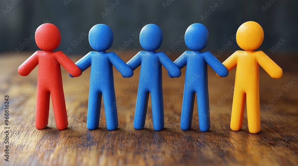 Poster colorful figures representing teamwork and unity, showcasing hands joined together in a collaborativ