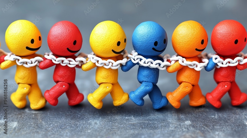 Poster colorful figurines linked by a chain symbolize unity, teamwork, and connection in a playful, cheerfu