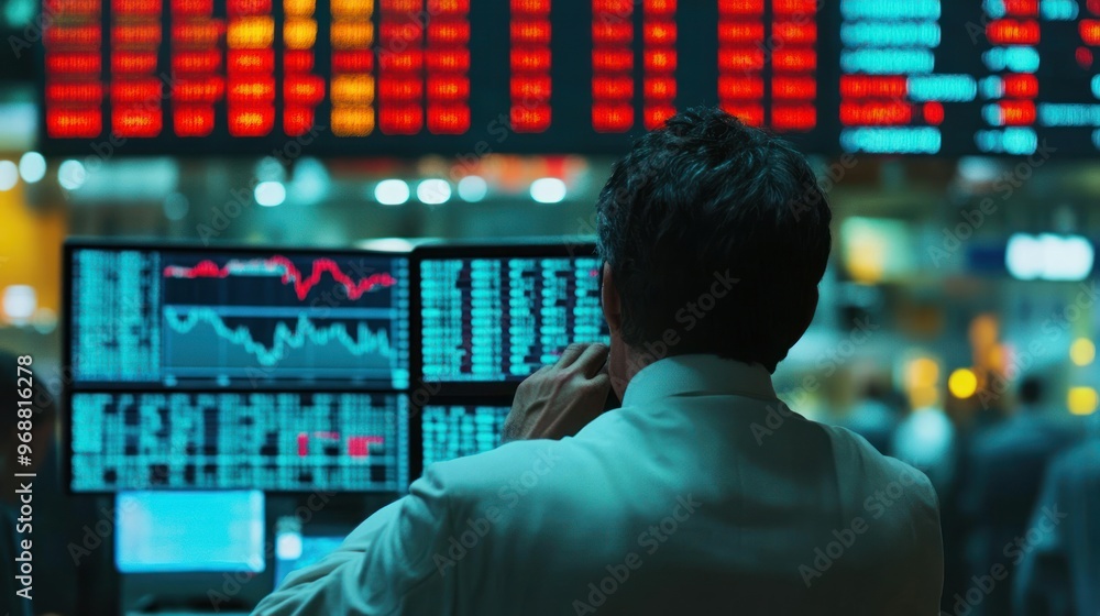 Poster Man Looking at Stock Market Data on Computer Screens