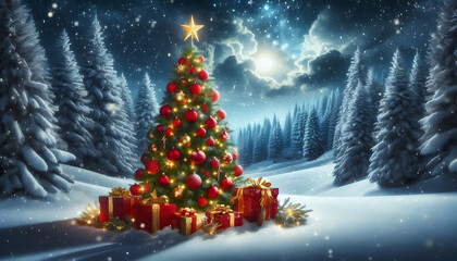 A beautifully decorated christmas tree adorned with red and gold ornaments and topped with a bright star stands in a snowy landscape