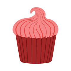 Cupcake icon with pink cream and red wrapper isolated on transparent and white background. Muffin for Valentine's Day. Vector illustration. Close-up element for birthday and mother's day design.