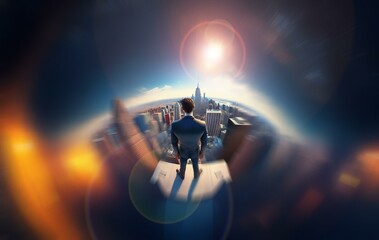 A man in a suit stands on a rooftop overlooking a city skyline, with the sun shining brightly behind him.