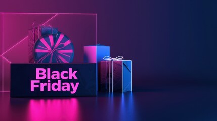 Website sale ad, "Black Friday" in bold letters, glowing percent discount, clean copy space, black gradient background, soft lighting, modern design. 