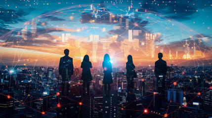 Silhouetted figures against a vibrant sunset, showcasing a network of connections over a city skyline