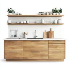 Modern kitchen with wooden cabinets, open shelves, and minimalist decor.