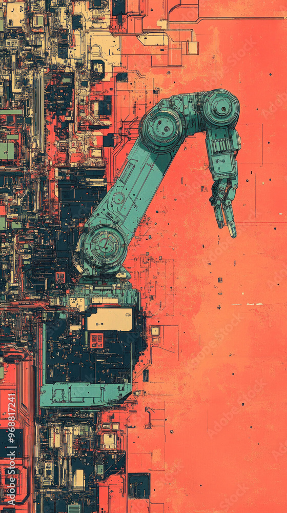 Aufkleber a robot is seen in a city with a red background. the robot is blue and has a mechanical appearance. 