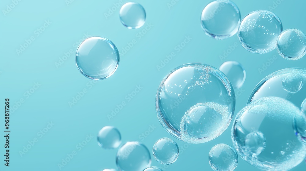 Poster clear bubbles floating against a light blue background, capturing a serene moment of transparency an