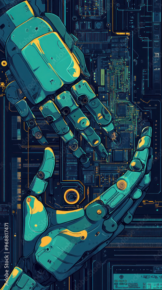 Poster a pair of robotic hands are reaching out to each other in a cityscape. concept of connection and uni