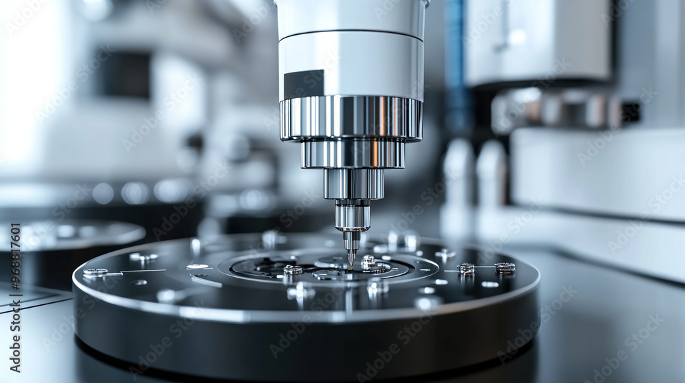 Poster a machine with a small needle on it. the needle is pointed and is on a black surface