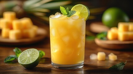 Fototapeta premium A refreshing glass of freshly squeezed juice filled with ice, garnished with lime and mint leaves