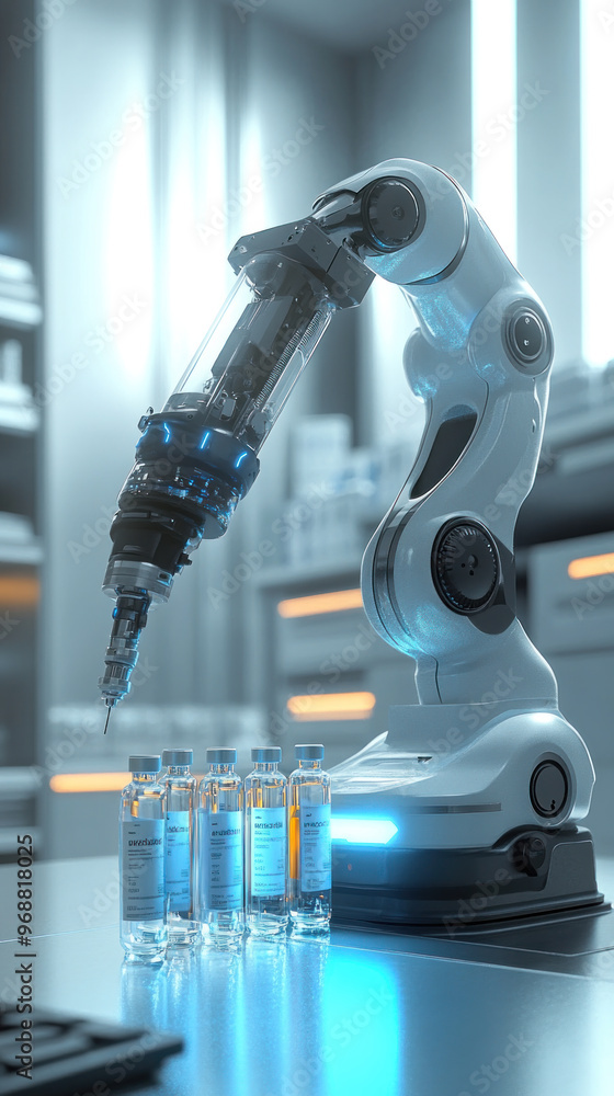 Poster a robot is holding a syringe and is about to inject a patient. the scene is set in a sterile environ