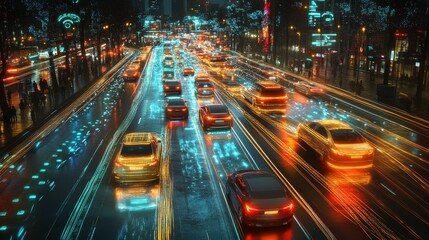 AI-powered real-time traffic management systems reducing congestion: Futuristic traffic systems adjusting flow in real-time using AI algorithms.