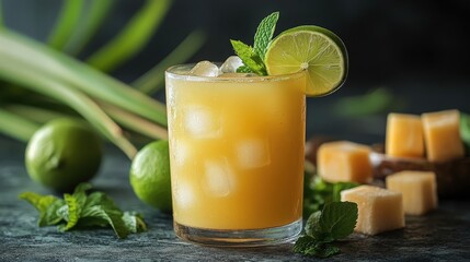 Fototapeta premium Enjoy a chilled glass of vibrant citrus juice with mint and lime on a sunny afternoon