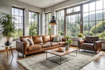 A plush living room features a sleek brown sofa, a soft gray rug, and expansive windows that let in natural light.