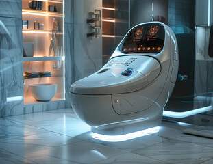 An ultra modern toilet from the future, the bathroom is a wonderful thing with many functions, it has switches, buttons and screens everywhere and is a high tech device. Generative AI.