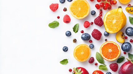 Sweet ripe fruits and berries on color background