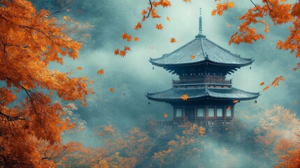 Obraz premium Autumnal Pagoda Amidst Fog and Falling Leaves