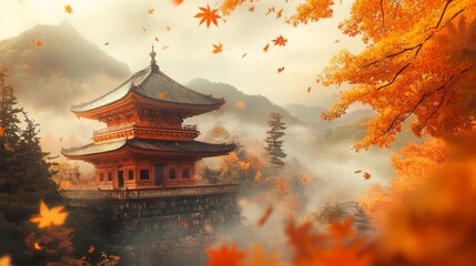 Obraz premium Autumnal Fog Envelops a Pagoda Amidst Vibrant Maple Trees