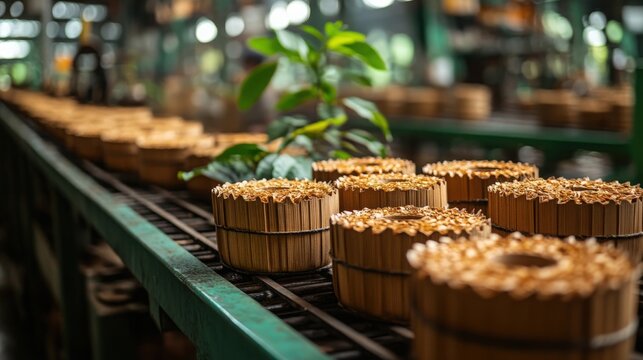 Freshly cut sugarcane is being processed on a busy factory production line filled with equipment