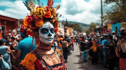 A vibrant celebration featuring a person in traditional attire with face paint and flowers.