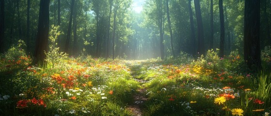 Obraz premium Sunlit Forest Path Through a Wildflower Meadow