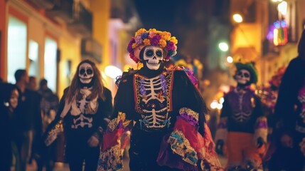 Fototapeta premium A vibrant procession featuring people in skeleton costumes celebrating a cultural festival.