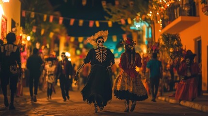 A vibrant street scene during a festive celebration with people in traditional costumes.