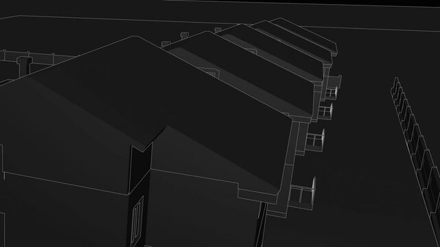 Generic Slopped roof Villa mansion Complex, Seamless Looped Rotating animation, black linework blueprint