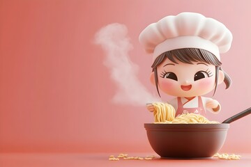Cheerful 3D Chibi Noodle Chef Stirring Steaming Pot of Ramen Noodles in Traditional Apron and