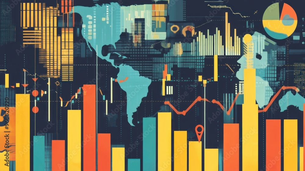 Poster Abstract illustration of data visualization with a world map and charts