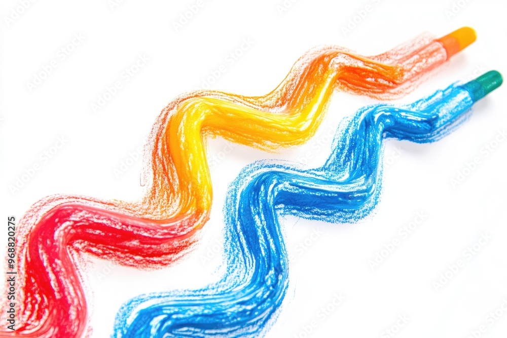 Poster crayon hand drawing in a zigzag line using four colors on a white background