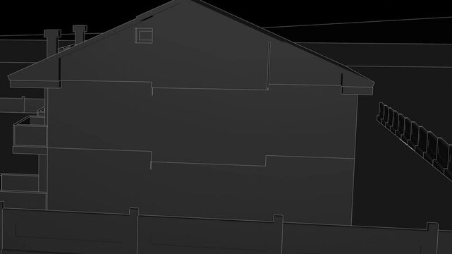 Generic Slopped roof Villa mansion Complex, Seamless Looped Rotating animation, black linework blueprint
