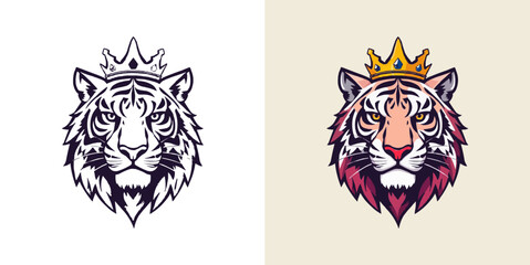 Tiger with crown mascot logo design. Editable vector logo tiger, tiger icon, tiger head, vector, sticker. Tigar head mascot logo design.