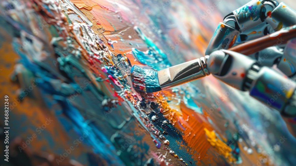 Aufkleber a robotic arm creates art on canvas while integrating with a digital interface, showcasing the syner