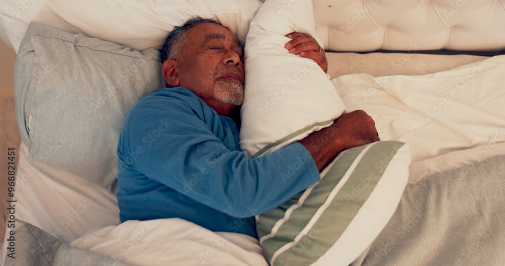 Wall mural Sleeping, dreaming and senior man on bed for comfort with duvet, mattress and pillow in home. Relax, calm and elderly male person in retirement with afternoon nap for rest in bedroom on weekend.