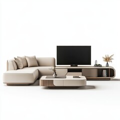Modern living room setup featuring a sectional sofa, TV, and coffee table.