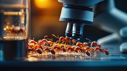 An ant colony, placed in a modern laboratory filled with microscopes and scientific instruments. 
