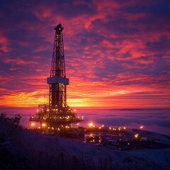 Obraz premium Oil Rig Silhouette at Sunset with Fog and Snow