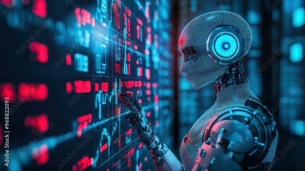 Poster A humanoid robot analyzing data on a digital screen.