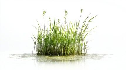 A cluster of green grass growing in water against a white background.