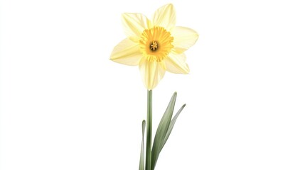 A single daffodil flower with yellow petals and green leaves against a white background.