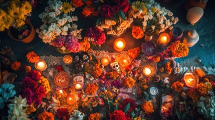 A vibrant altar adorned with flowers, candles, and decorative elements for a cultural celebration.