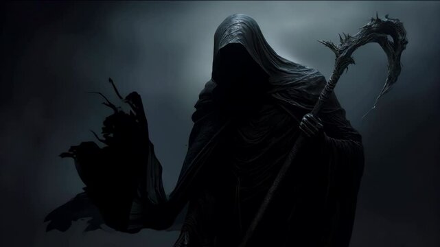 grim Reaper Dressed in Cloak, Holding a Staff, Surrounded by Ominous Atmosphere