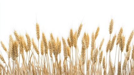 A close-up of golden wheat stalks against a white background.