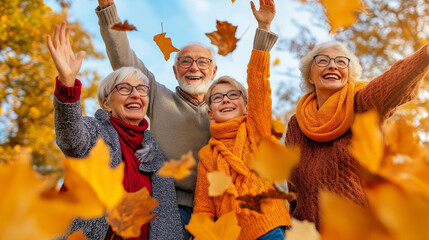 Family enjoying a joyful autumn day outdoors with colorful leaves and blue skies while engaging in free activities together