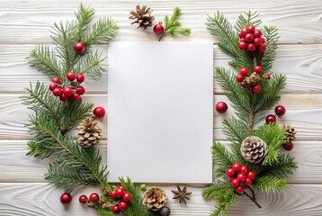 Elegant scandinavian christmas background with white paper, pinecones, and red berries for holiday designs